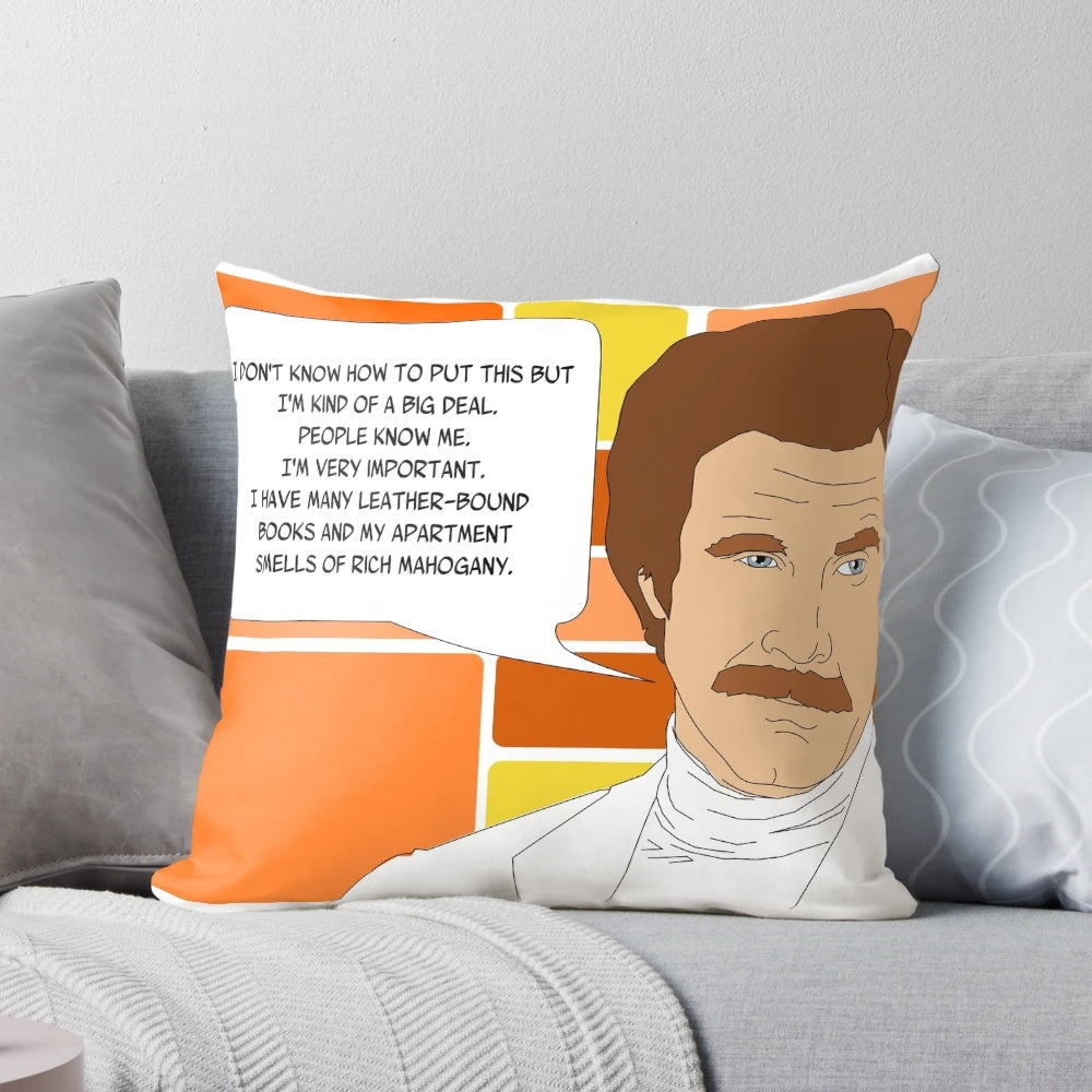 Image of a plush pillow featuring the character Ron Burgundy from the film "Anchorman