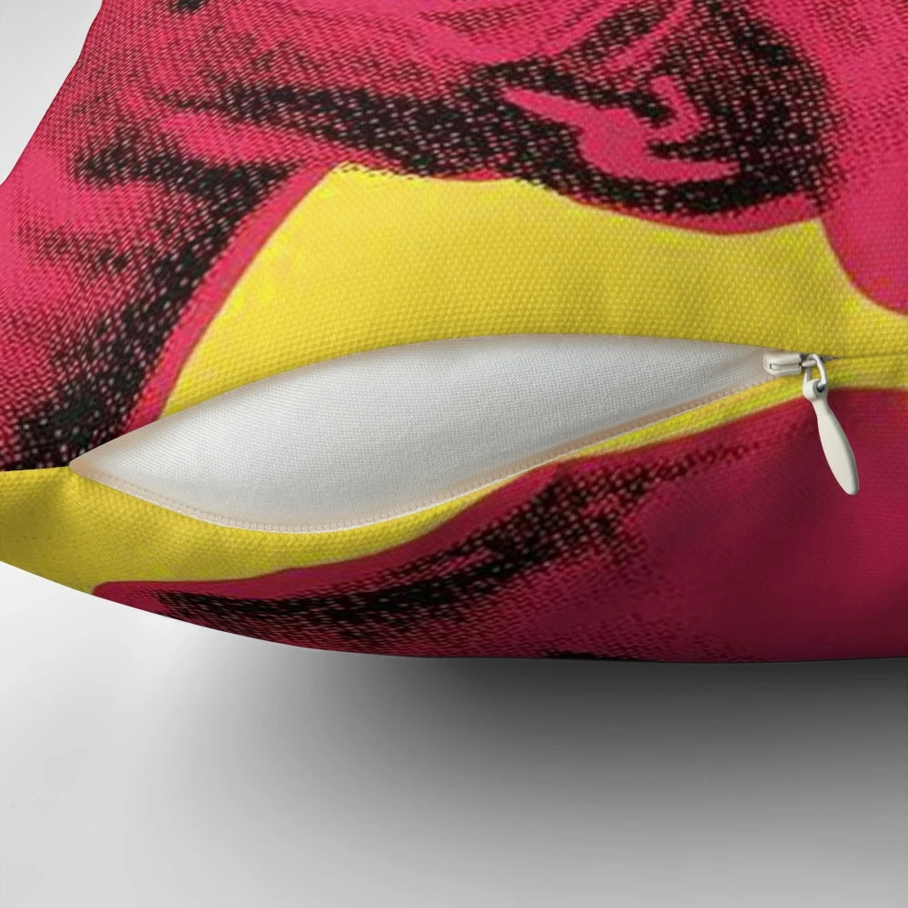 Vibrant Andy Warhol-inspired pop art design printed on a high-quality decorative throw pillow.