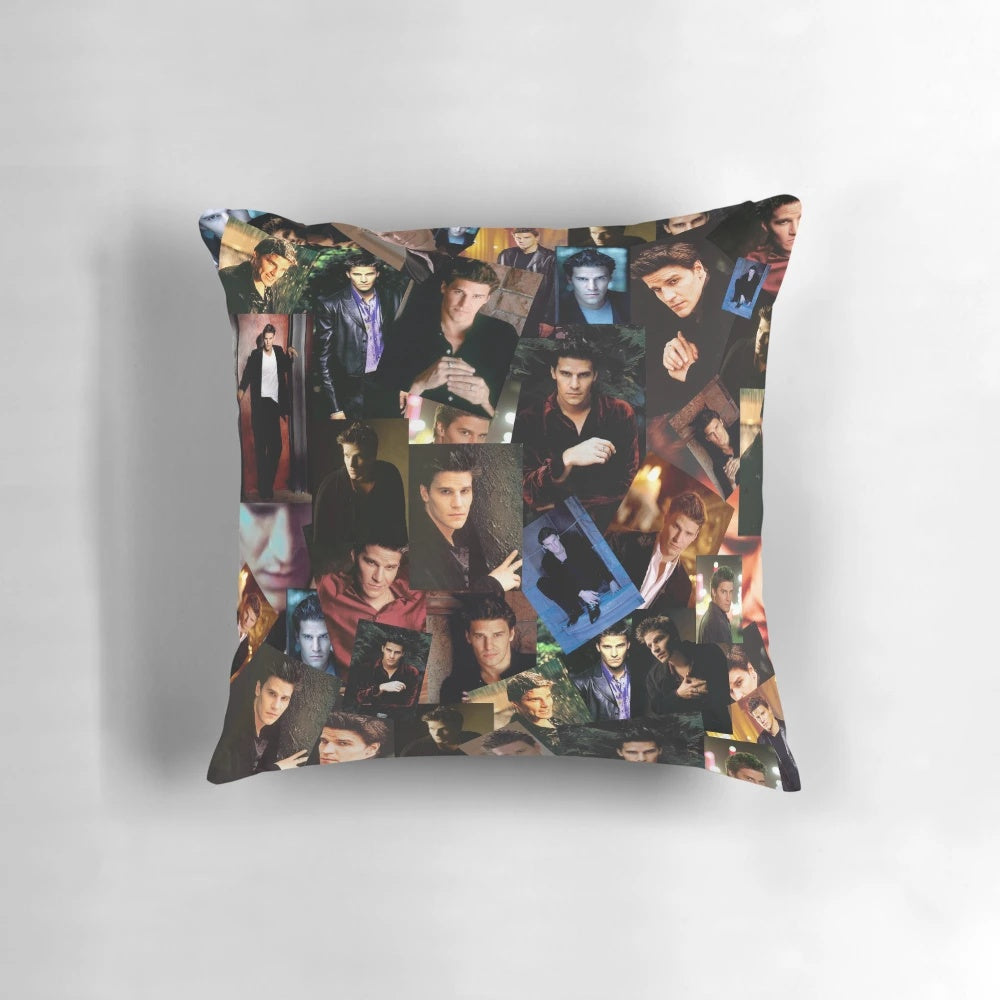 Soft, decorative pillow featuring a collage design inspired by the beloved Buffy the Vampire Slayer and Angel TV series, with images of the lead characters.