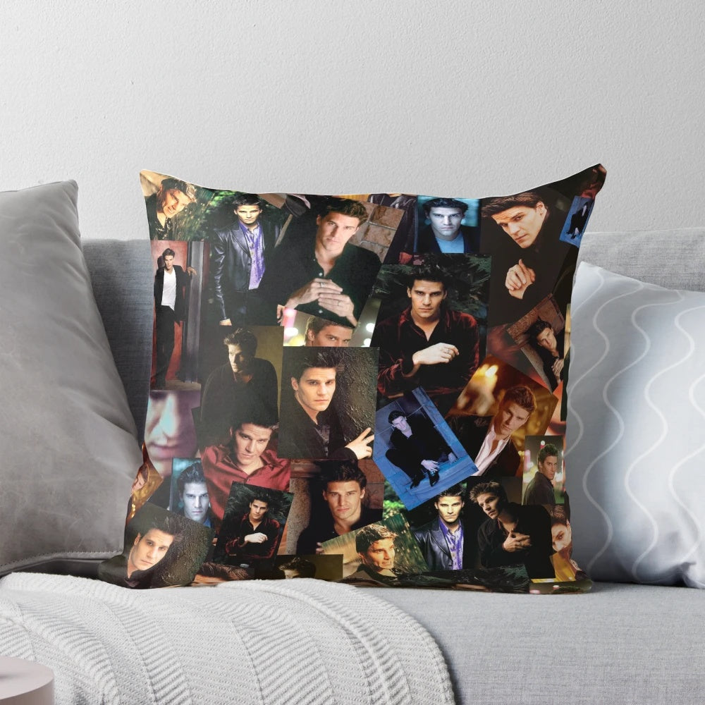 Soft, decorative pillow featuring a collage design inspired by the beloved Buffy the Vampire Slayer and Angel TV series, with images of the lead characters.