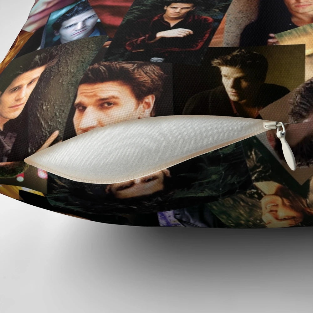 Soft, decorative pillow featuring a collage design inspired by the beloved Buffy the Vampire Slayer and Angel TV series, with images of the lead characters.