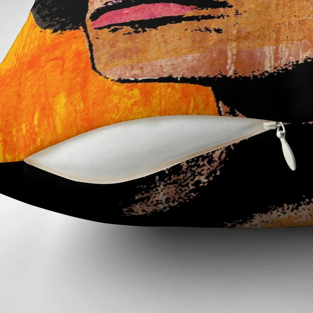Vibrant pop art portrait of American civil rights activist Angela Davis printed on a soft, comfortable pillow.