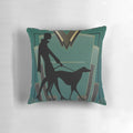 Vibrant art deco-inspired pillow featuring a silhouette of a woman walking her dog