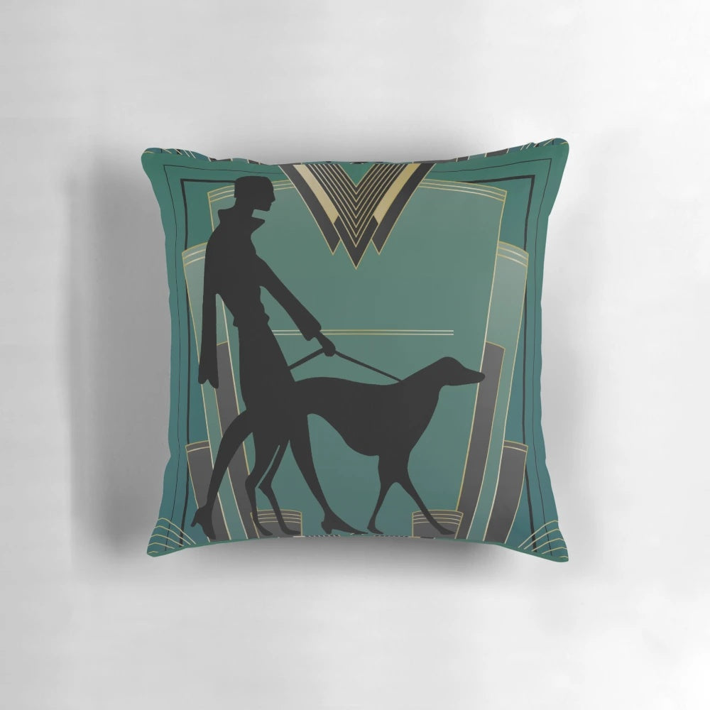 Vibrant art deco-inspired pillow featuring a silhouette of a woman walking her dog
