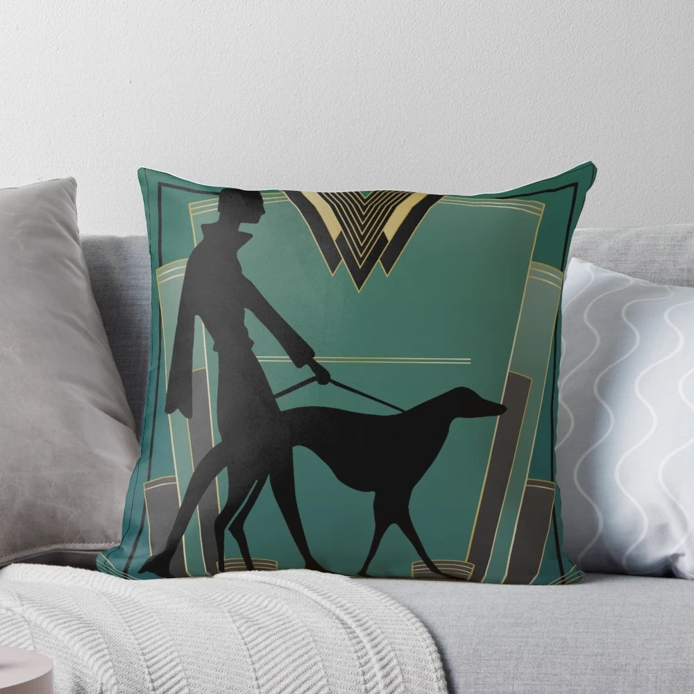 Vibrant art deco-inspired pillow featuring a silhouette of a woman walking her dog