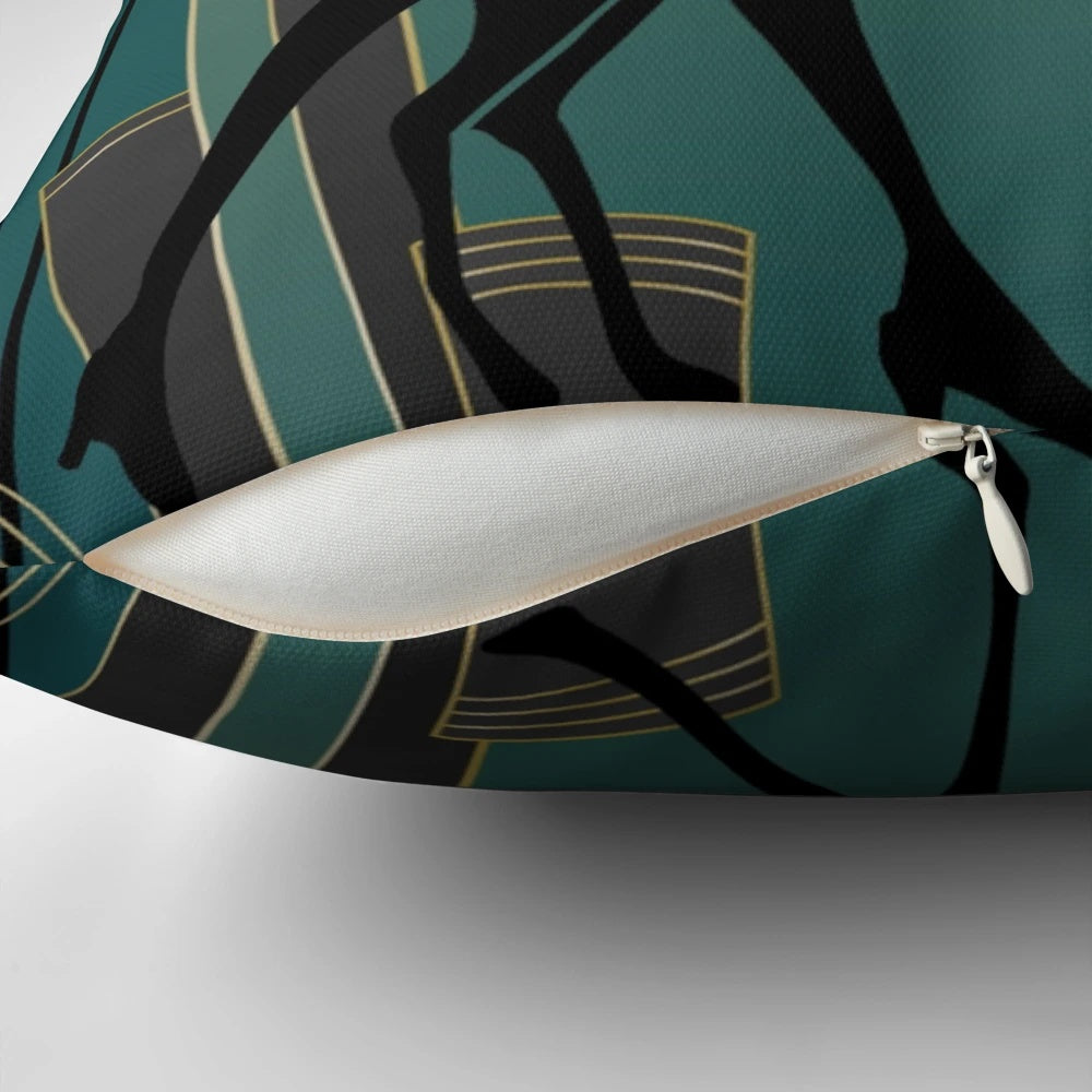 Vibrant art deco-inspired pillow featuring a silhouette of a woman walking her dog