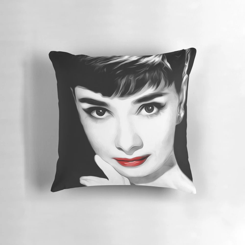 Audrey Hepburn lips pillow with iconic black and white image of famous Hollywood actress