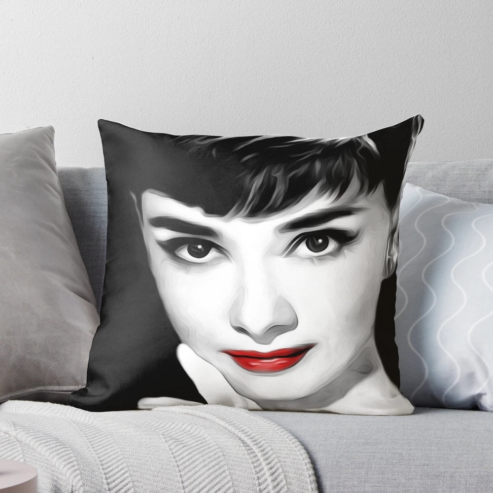 Audrey Hepburn lips pillow with iconic black and white image of famous Hollywood actress