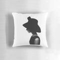 Elegant, black-and-white portrait of Audrey Hepburn printed on a plush, high-quality pillow for timeless Hollywood glamour.
