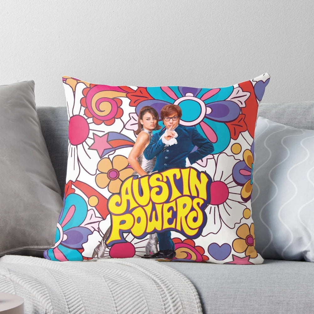An Austin Powers-themed pillow featuring the iconic "International Man of Mystery" character from the beloved 90s comedy film.