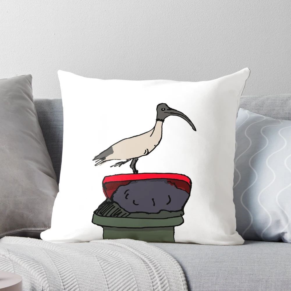 Decorative pillow featuring an illustration of the iconic Australian bin chicken or ibis scavenging in the city streets.