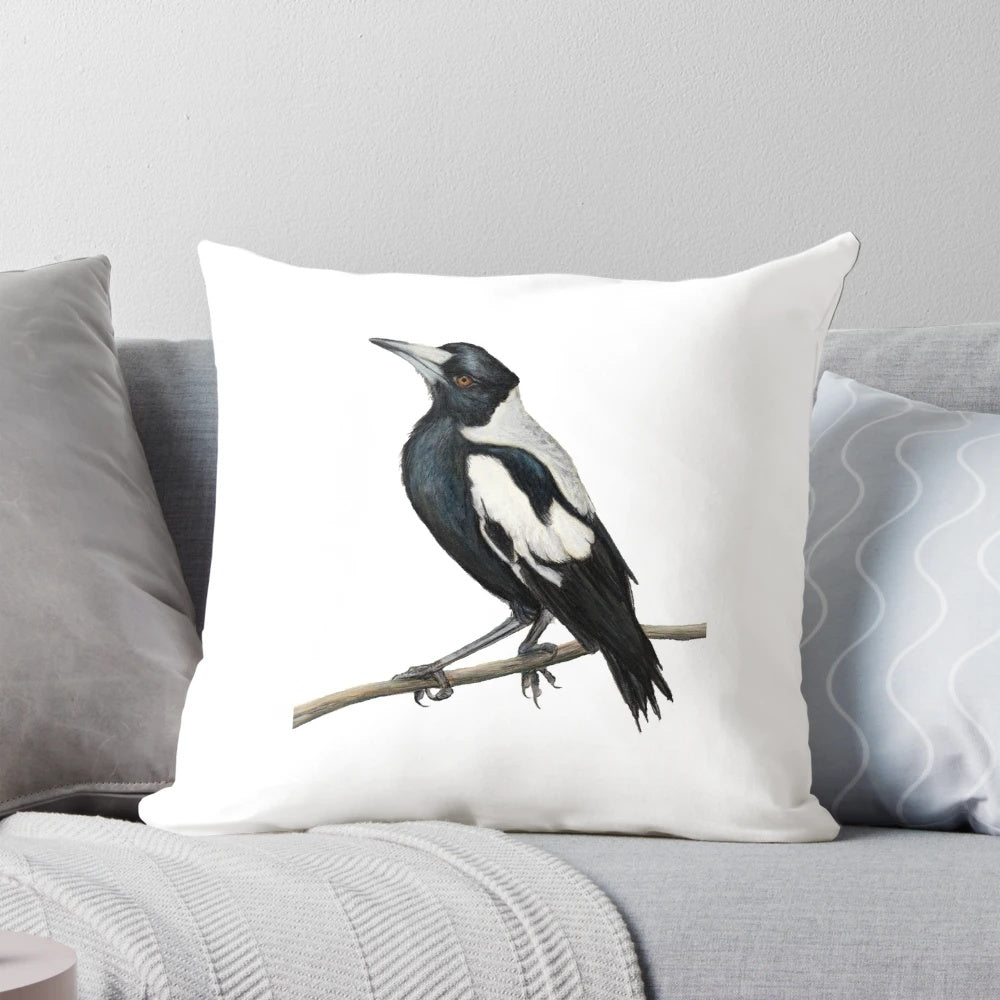 Decorative pillow featuring a hand-drawn illustration of the iconic Australian magpie, a beloved symbol of the Collingwood football club.