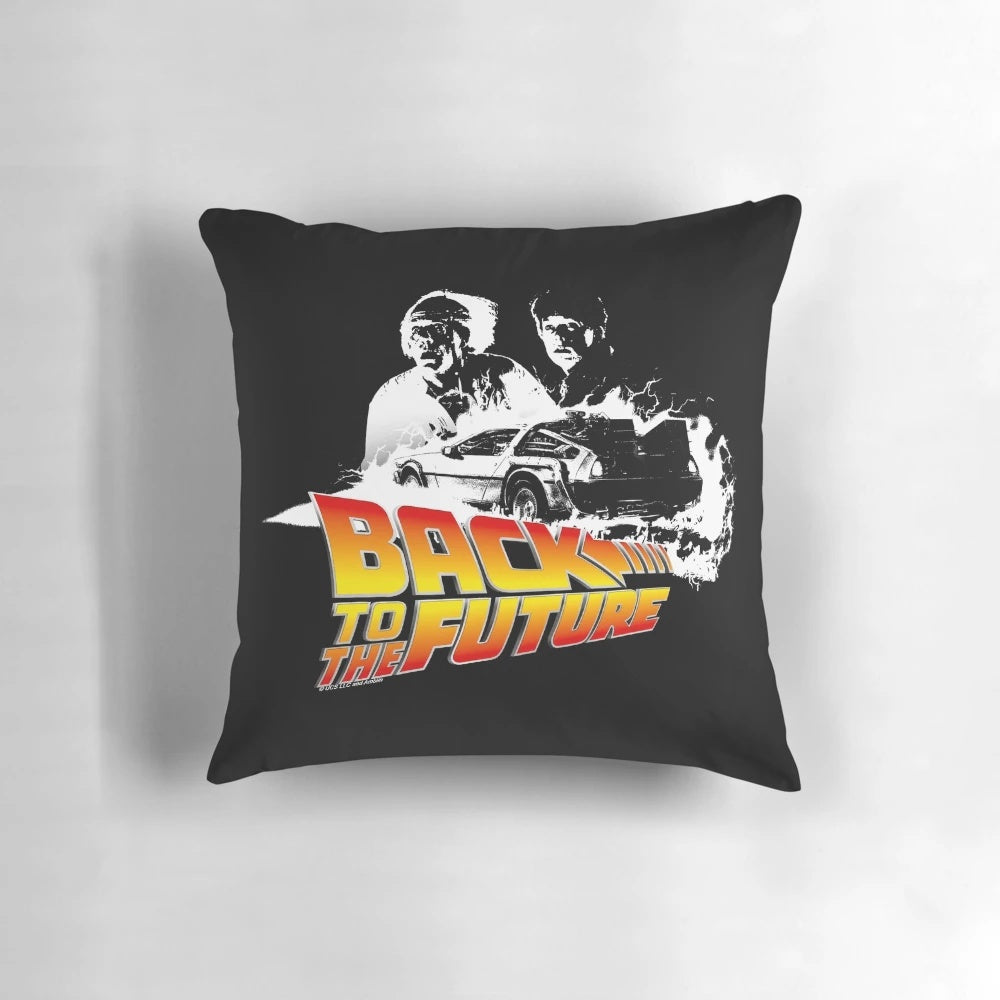 Vibrant Back to the Future DeLorean car stencil fan art printed on a soft, plush pillow.