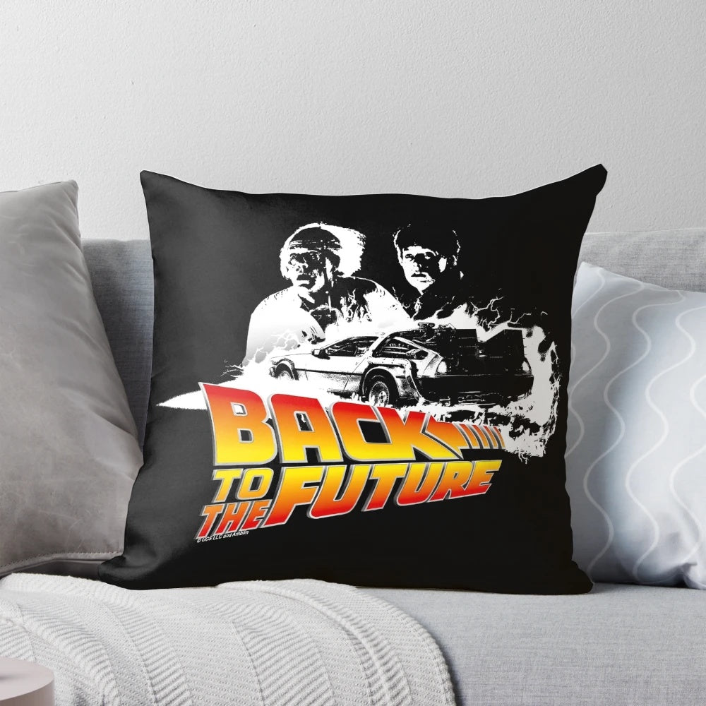 Vibrant Back to the Future DeLorean car stencil fan art printed on a soft, plush pillow.
