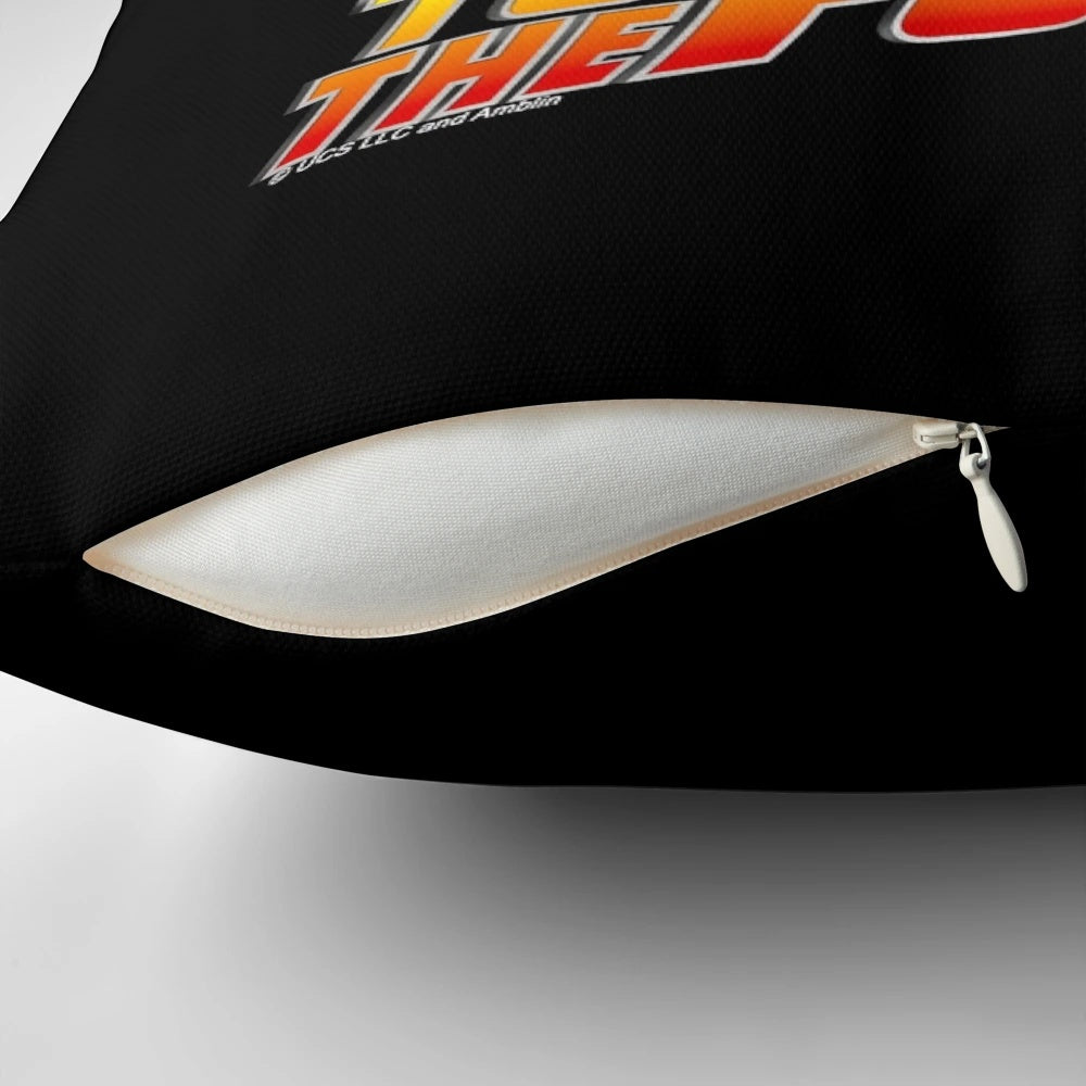 Vibrant Back to the Future DeLorean car stencil fan art printed on a soft, plush pillow.