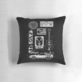 Pillow with minimalist Back to the Future icons including the DeLorean, flux capacitor, and hoverboard