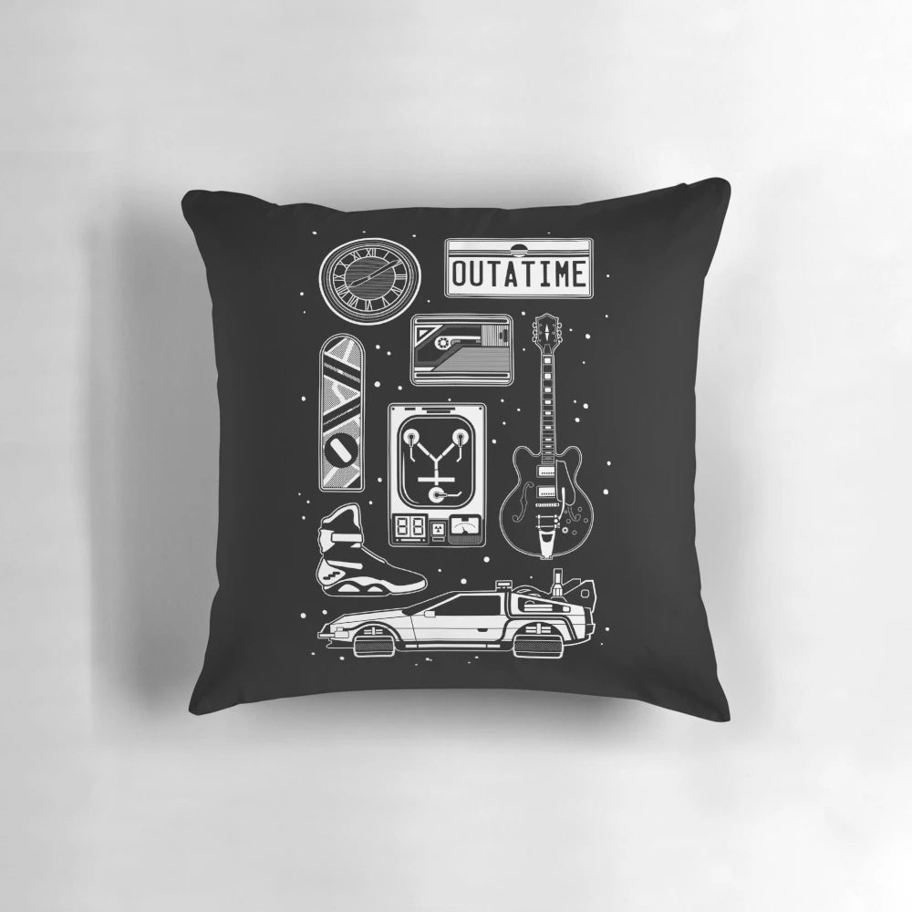 Pillow with minimalist Back to the Future icons including the DeLorean, flux capacitor, and hoverboard