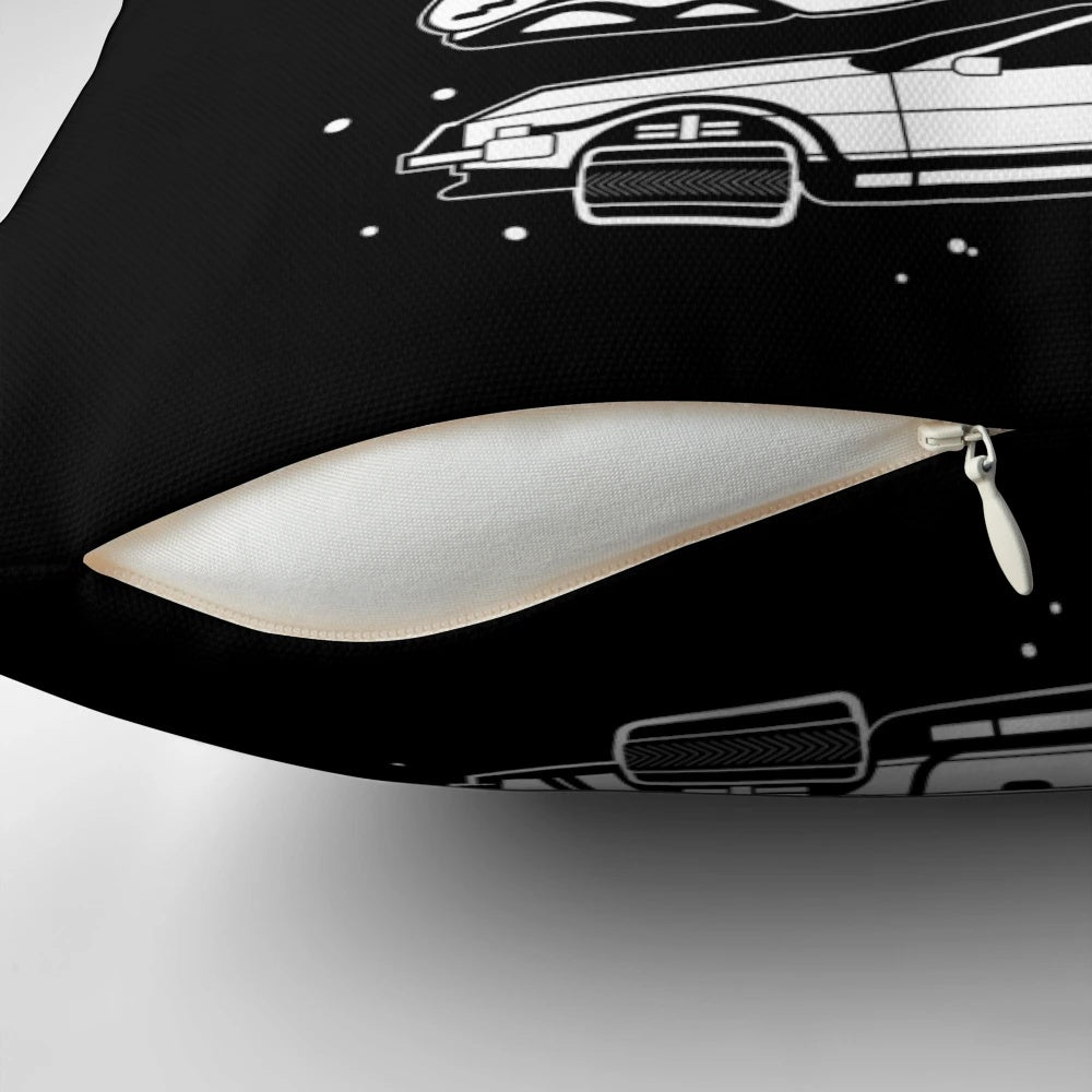 Pillow with minimalist Back to the Future icons including the DeLorean, flux capacitor, and hoverboard