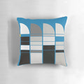 Bauhaus-inspired pillow with abstract blue, grey, and yellow geometric design