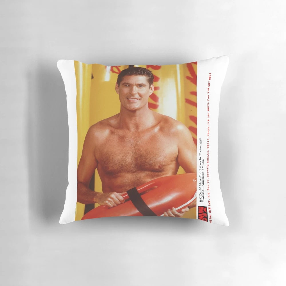 A plush, custom-designed pillow featuring the iconic image of David Hasselhoff from the hit TV series Baywatch.