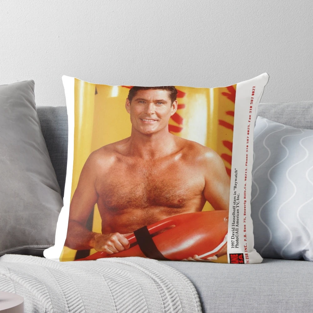 A plush, custom-designed pillow featuring the iconic image of David Hasselhoff from the hit TV series Baywatch.