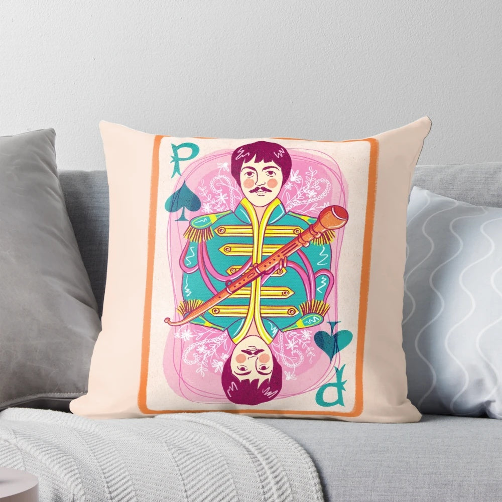 A vintage-style pillow featuring a portrait of Beatles legend Paul McCartney