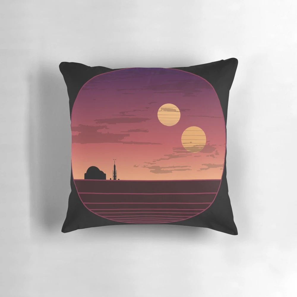 A colorful pillow depicting the iconic binary sunset scene from the Star Wars films, featuring Luke Skywalker's home planet of Tatooine.