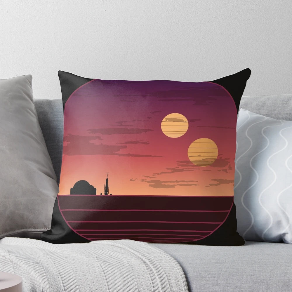 A colorful pillow depicting the iconic binary sunset scene from the Star Wars films, featuring Luke Skywalker's home planet of Tatooine.