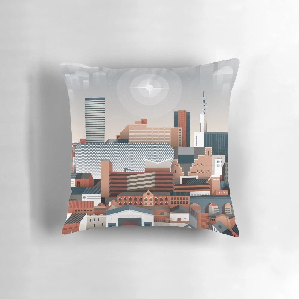 Birmingham Cityscape II Pillow featuring the iconic Rotunda, BT Tower, and Selfridges building