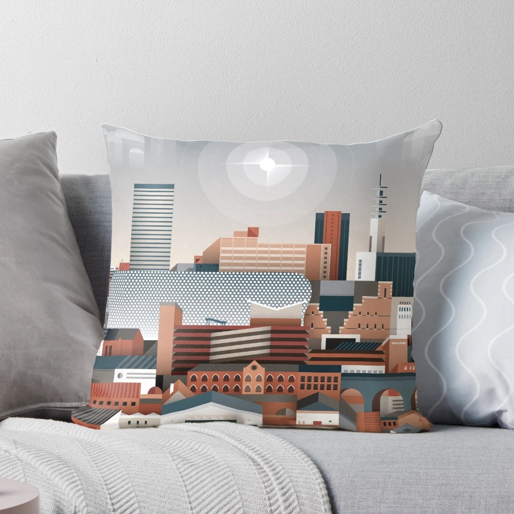 Birmingham Cityscape II Pillow featuring the iconic Rotunda, BT Tower, and Selfridges building