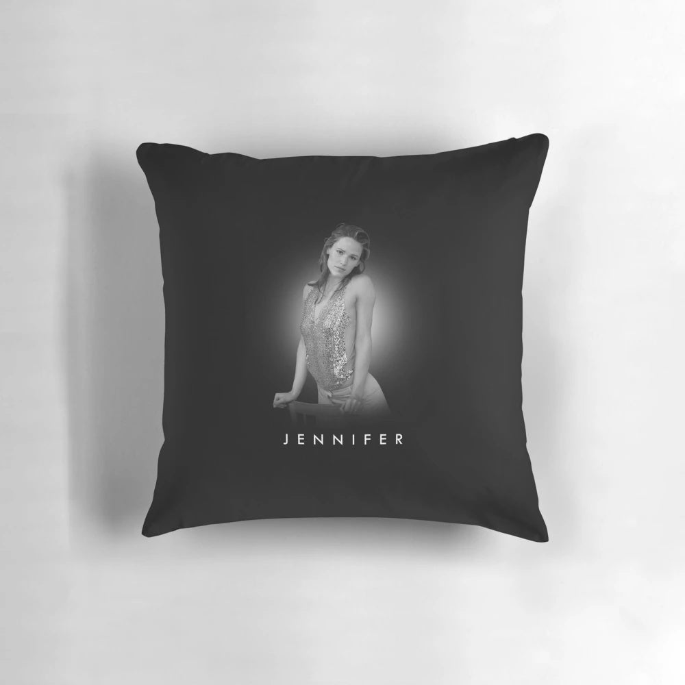 Striking black and white portrait of acclaimed actress Jennifer Garner printed on a plush pillow