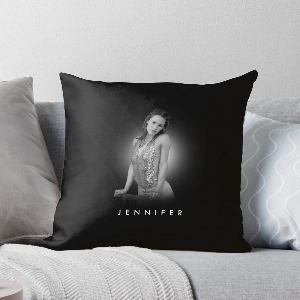 Striking black and white portrait of acclaimed actress Jennifer Garner printed on a plush pillow