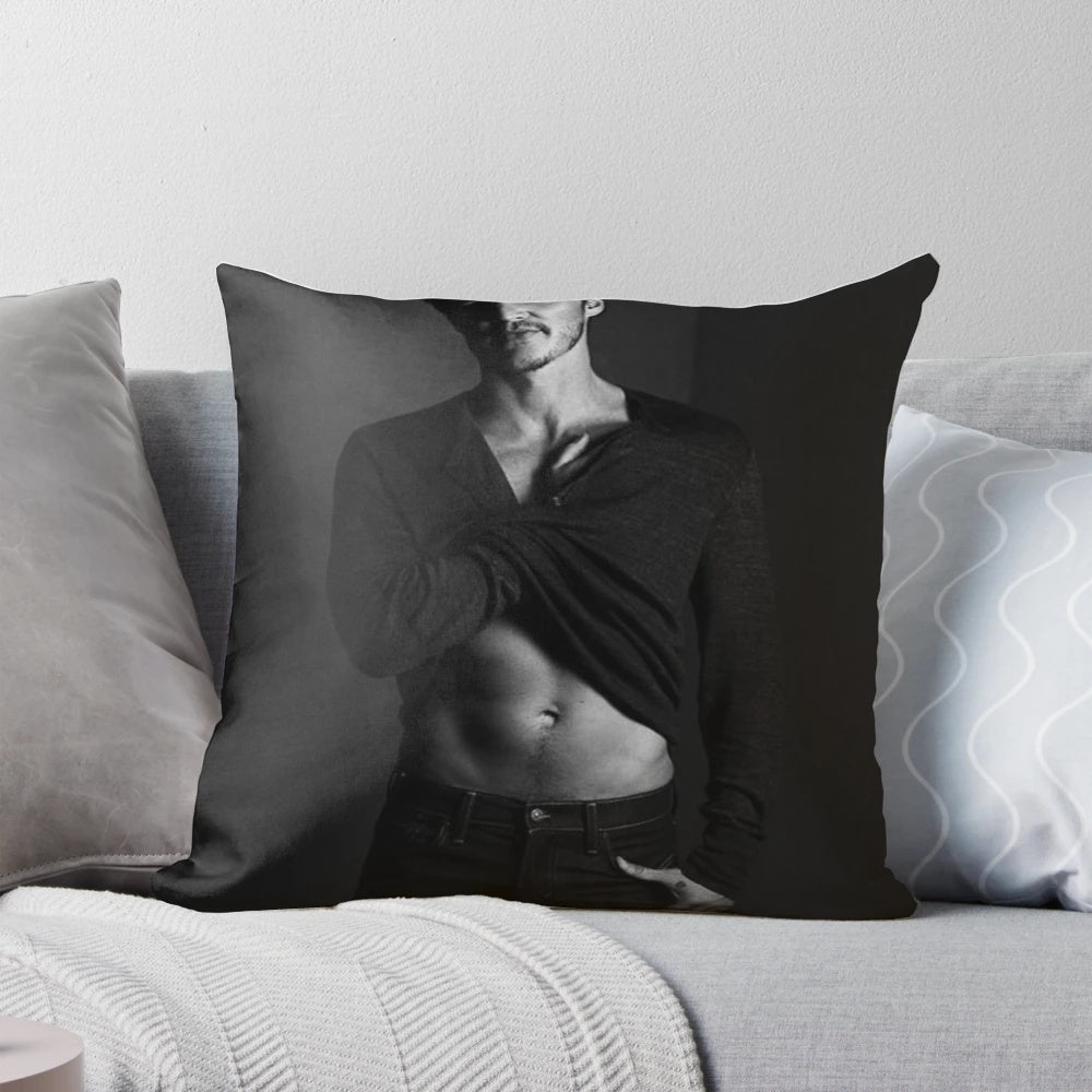 Stylish black and white portrait of actor Pedro Pascal printed on a soft, comfortable pillow.