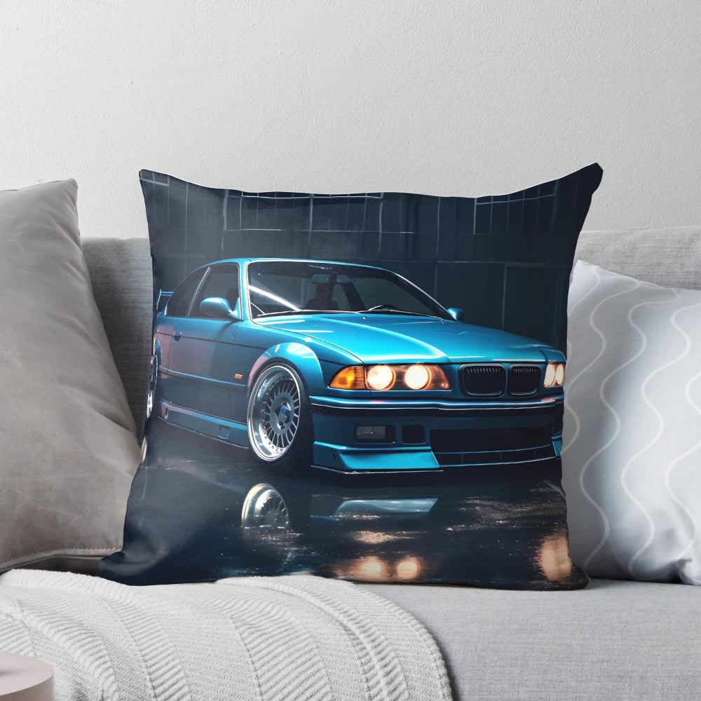 Plush pillow in the shape of a blue German sports car, the E Thirty-Six