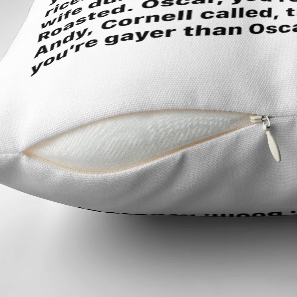A pillow featuring the iconic "Boom Roasted" quote from the character Michael Scott in the TV show The Office.