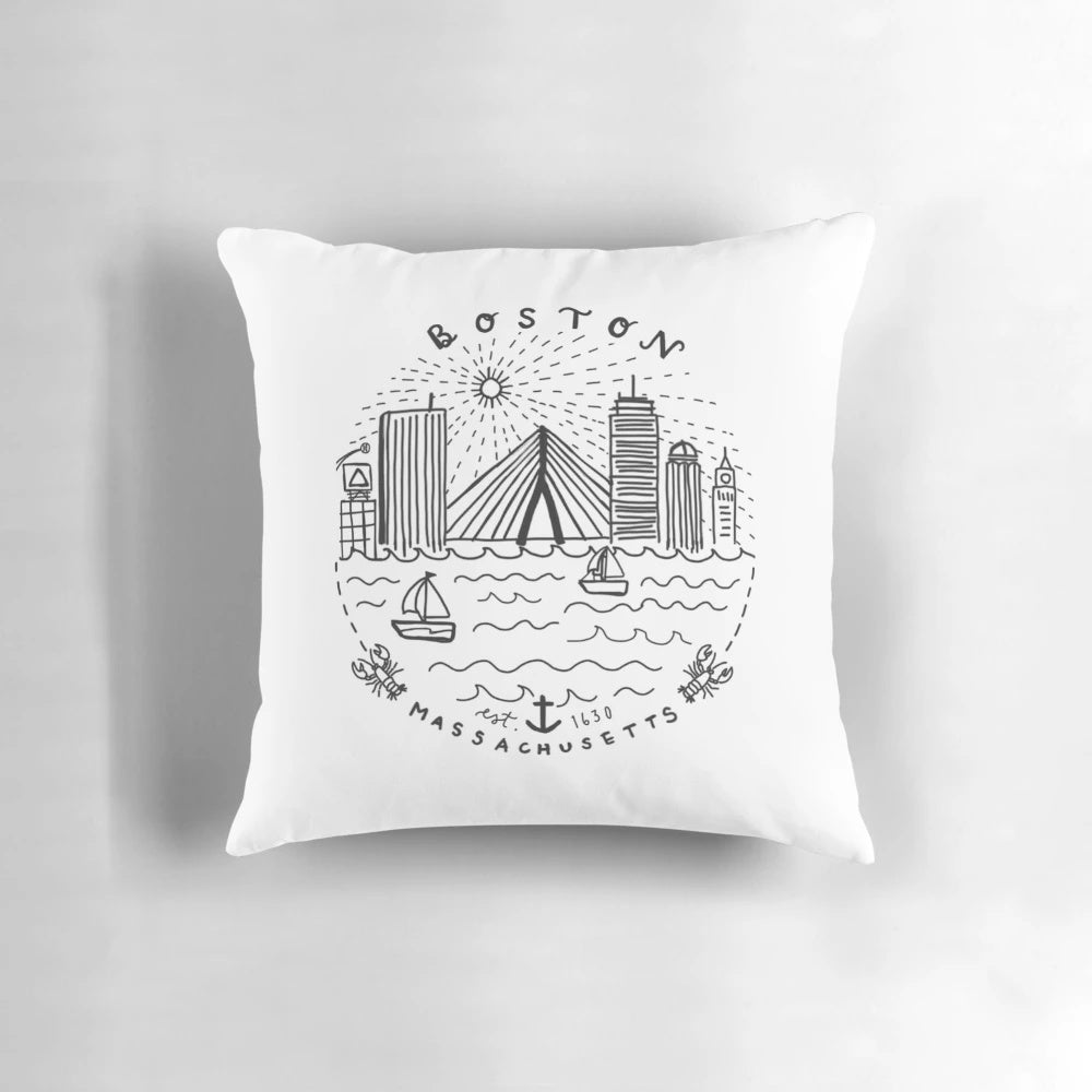 Boston, Massachusetts skyline collage design printed on a soft, plush pillow