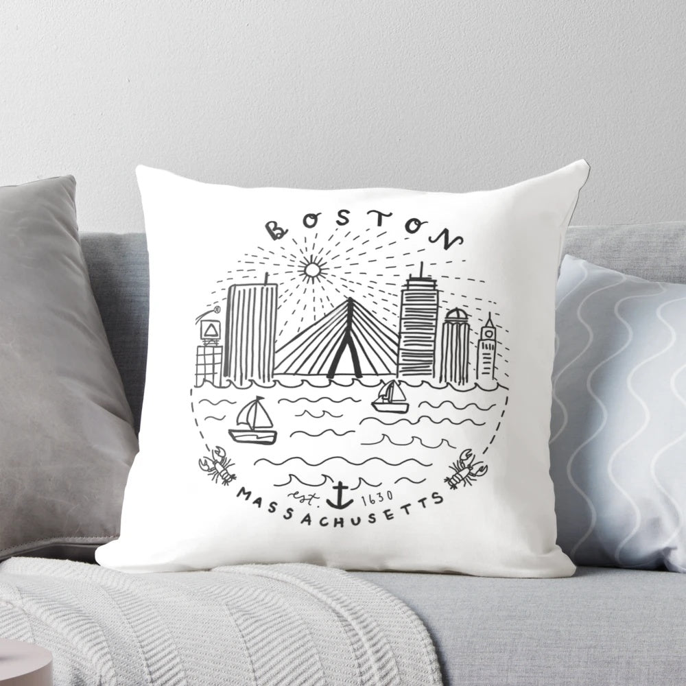 Boston, Massachusetts skyline collage design printed on a soft, plush pillow