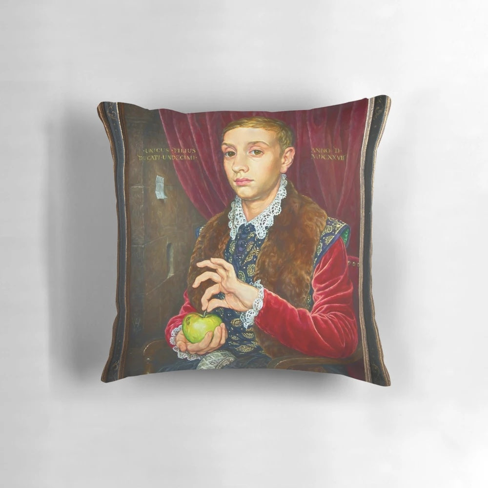 Plush pillow featuring the iconic "Boy with Apple" painting from the Wes Anderson film The Grand Budapest Hotel
