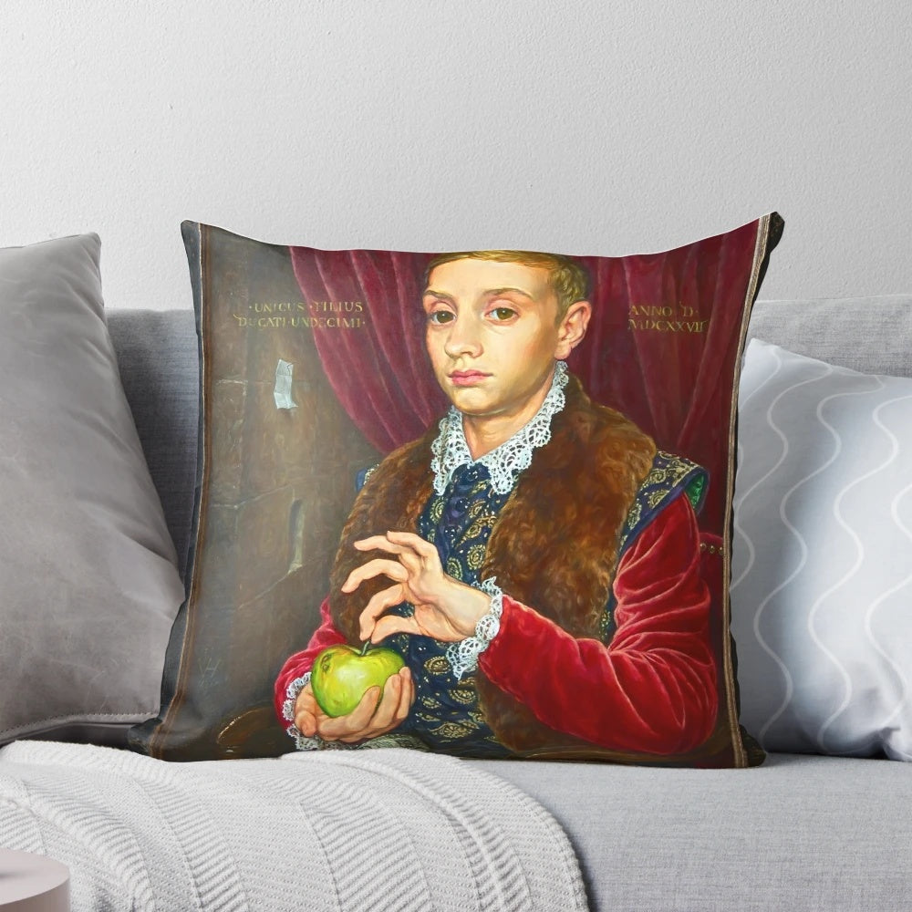 Plush pillow featuring the iconic "Boy with Apple" painting from the Wes Anderson film The Grand Budapest Hotel