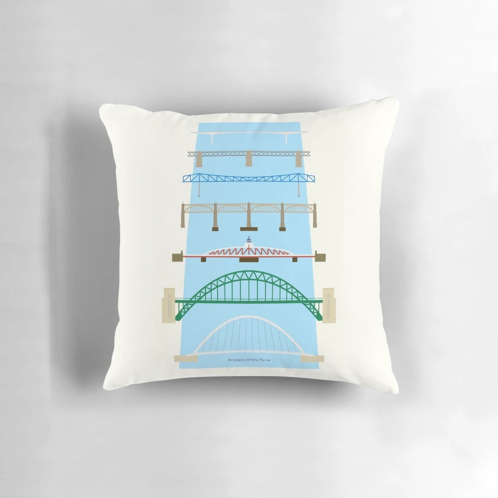 Decorative pillow featuring the iconic bridges of the River Tyne in Newcastle and Gateshead, England