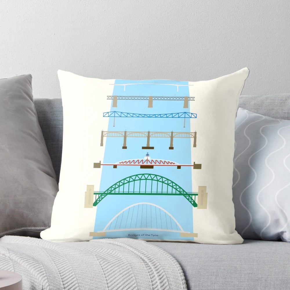 Decorative pillow featuring the iconic bridges of the River Tyne in Newcastle and Gateshead, England