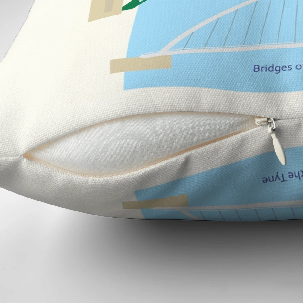 Decorative pillow featuring the iconic bridges of the River Tyne in Newcastle and Gateshead, England
