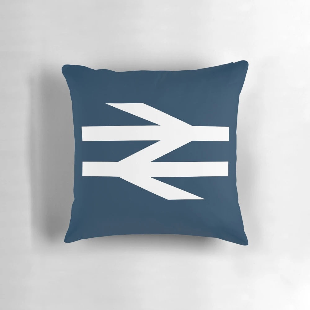 Vintage British Rail logo printed on a white pillow