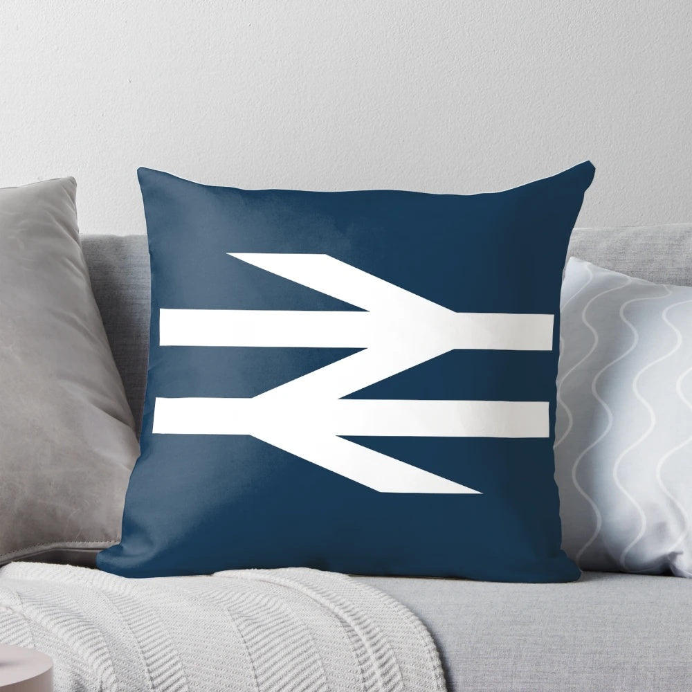 Vintage British Rail logo printed on a white pillow