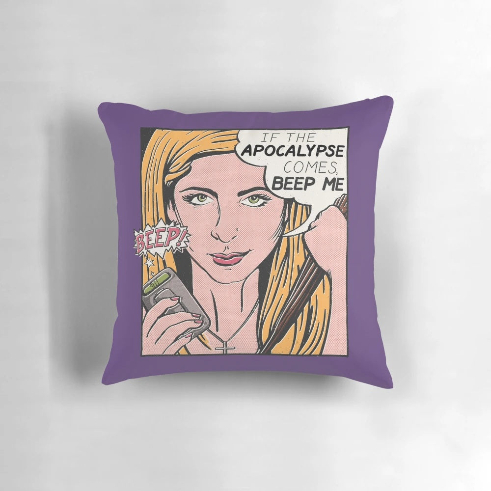 A vibrant pop art-inspired pillow featuring the beloved characters from the TV series "Buffy the Vampire Slayer