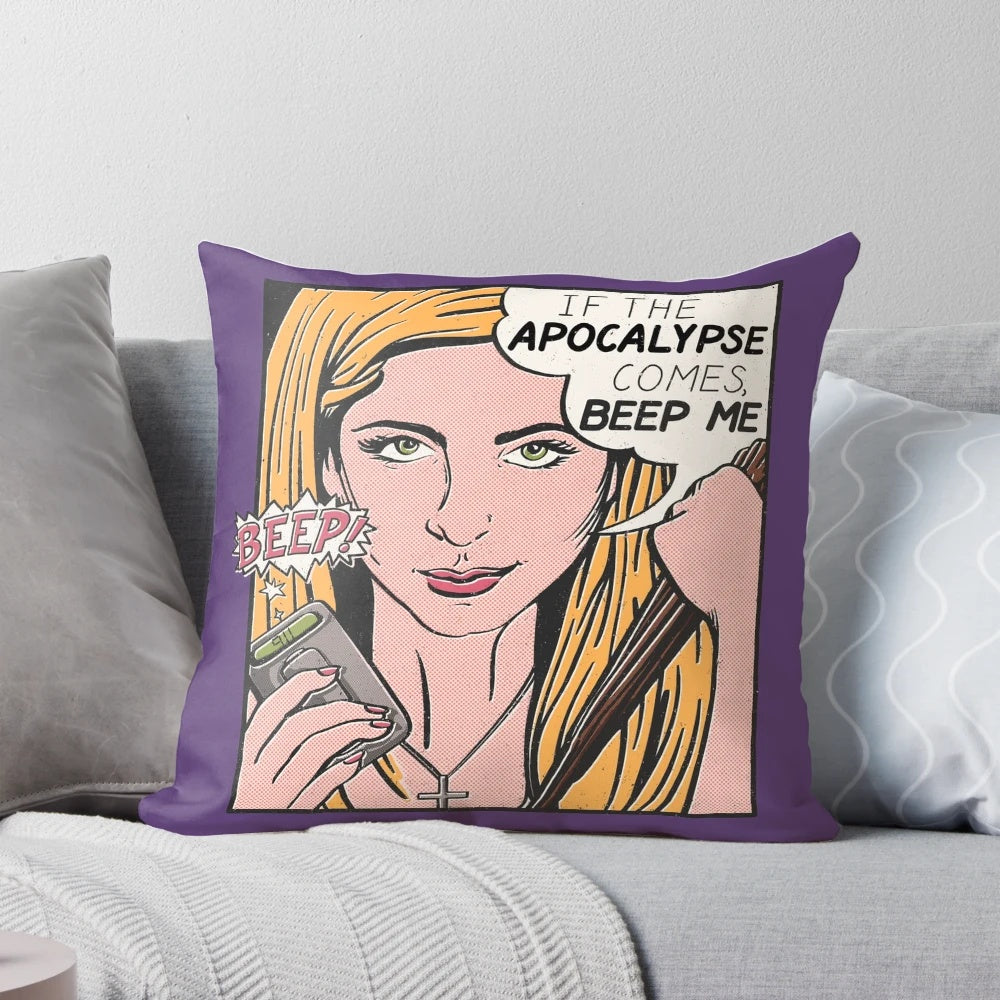 A vibrant pop art-inspired pillow featuring the beloved characters from the TV series "Buffy the Vampire Slayer