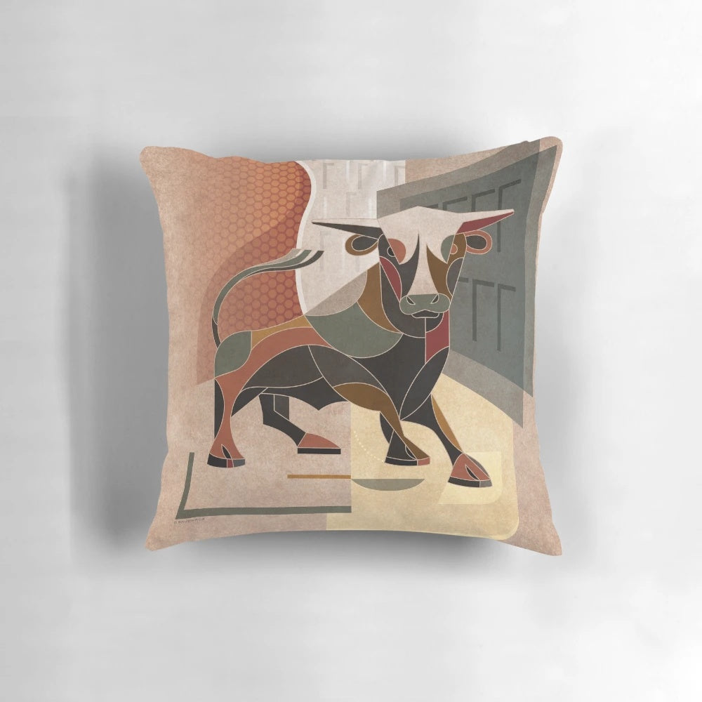 Cubist-inspired bull-shaped pillow, a striking piece of modernist home decor.