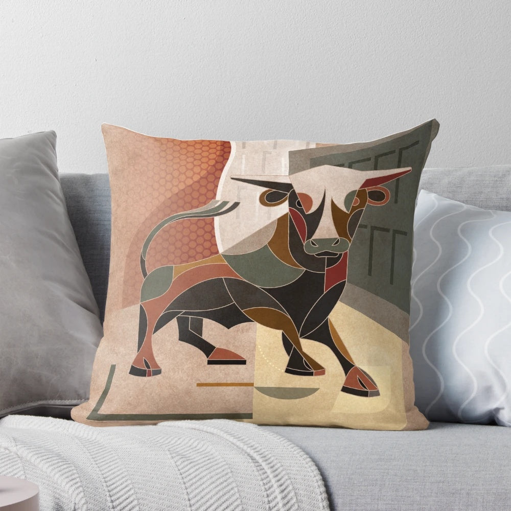 Cubist-inspired bull-shaped pillow, a striking piece of modernist home decor.