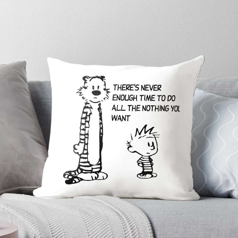 A colorful and whimsical Calvin and Hobbes inspired pillow, featuring the beloved duo on a vibrant background.