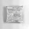 Cambridge toile mono pillow featuring black and white architectural patterns of Cambridge University buildings, churches, and landmarks